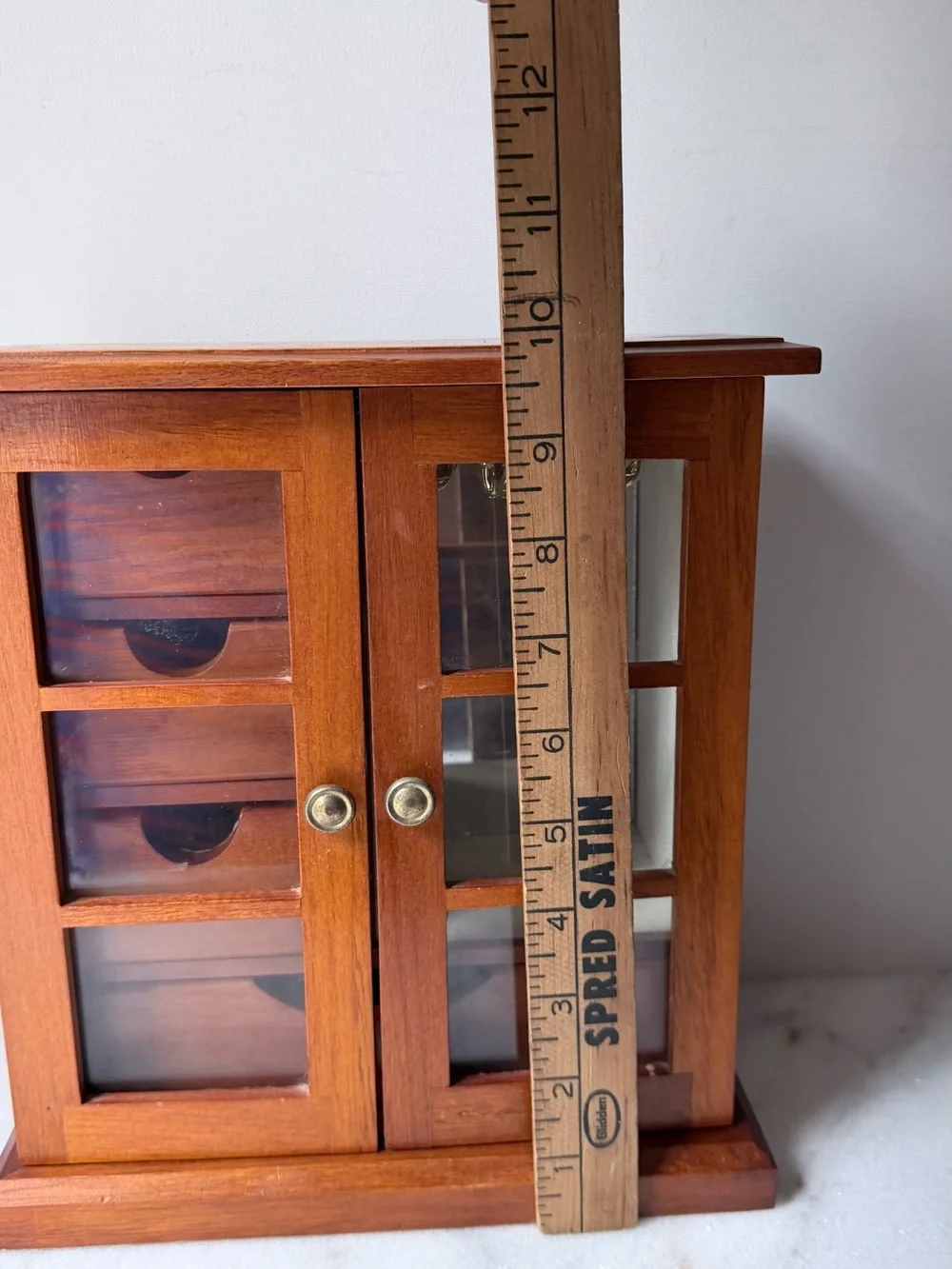 Wooden Glass-Front Jewelry Cabinet in Warm Brown vintage jewelry holder storage